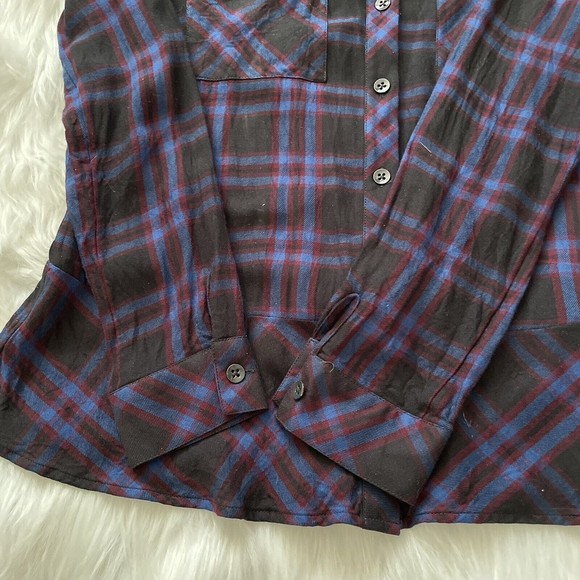 CAbi Flannel Peplum Top Plaid Check Button Down Shirt Ruffle Hem Medium - Picture 7 of 11